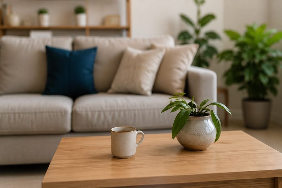 Sala acogedora con una taza de café y una planta sobre la mesa