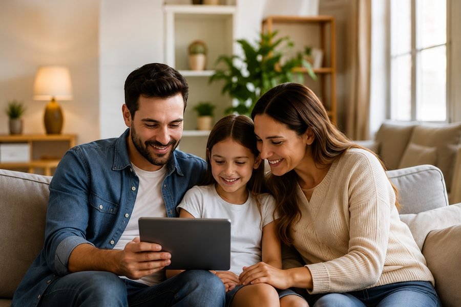 Familia sonriendo junta, revisando una tablet en su sala