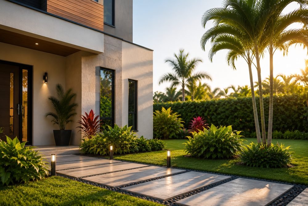 Fachada moderna de una casa con jardín, representando un hogar atendido por ServiHogar